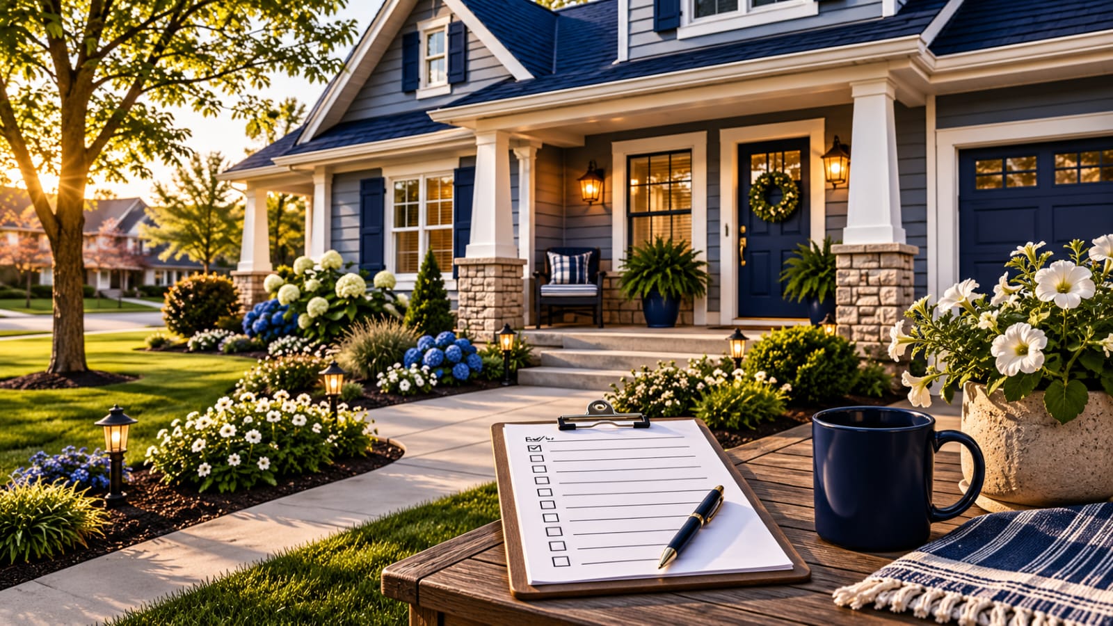 Suburban home exterior with a Home Watch checklist